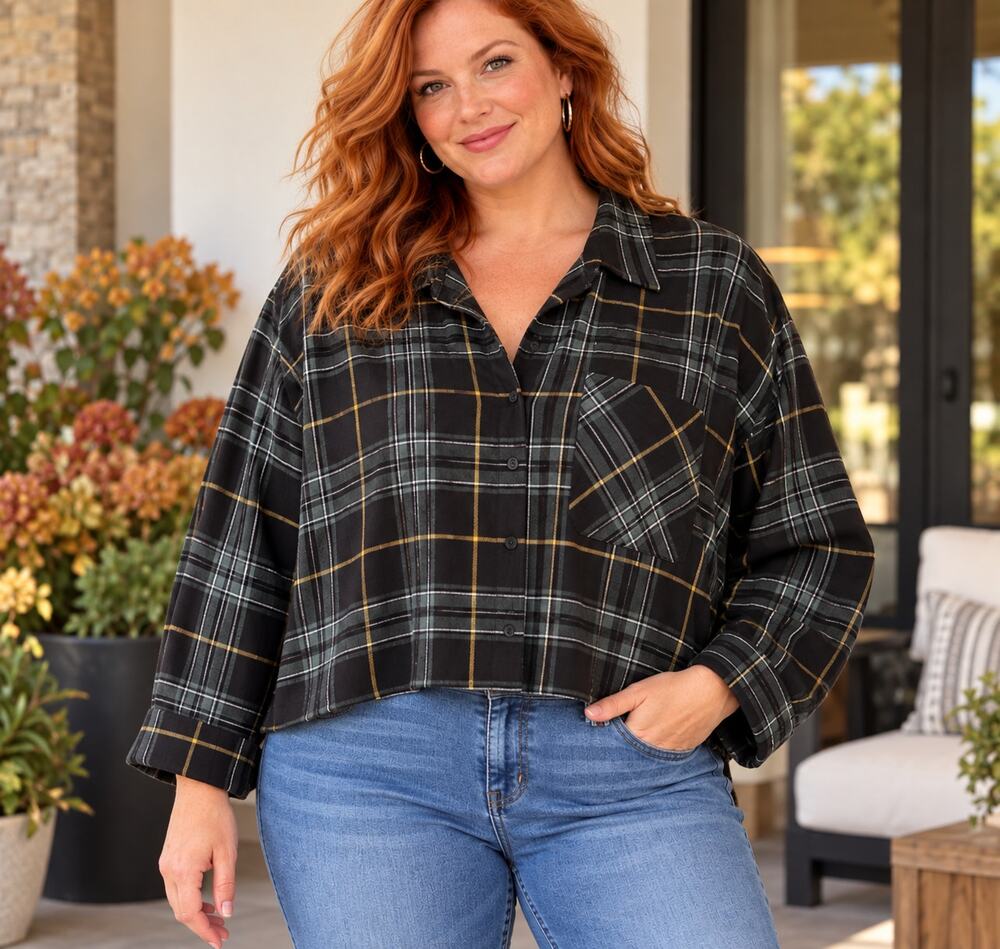 NEW! Torrid Lizzie Cotton Flannel Crop Shirt Study Plaid Black Plus Size 4 4X NW